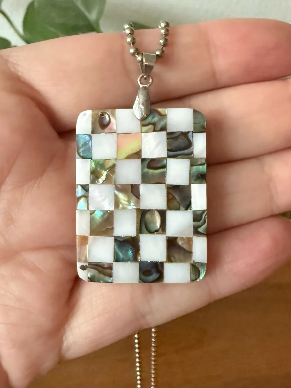 Vintage Mother-of-Pearl Abalone Checkered Pendant Necklace SilverTone Ball Chain